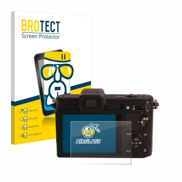 Front side of a product packaging with the brand logo BROTECT. Next to it is the device Nikon 1 V1 shown with the correspondin