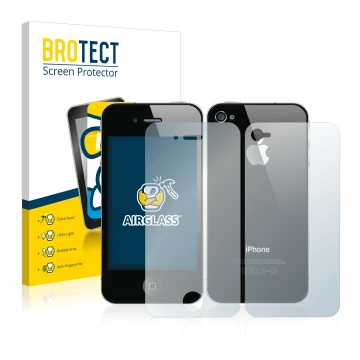 Front side of a product packaging with the brand logo BROTECT. Next to it is the device Apple iPhone 4S (Front+Back) shown wit