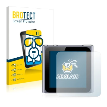 Front side of a product packaging with the brand logo BROTECT. Next to it is the device Apple iPod nano 2011 (6th. Gen.) shown