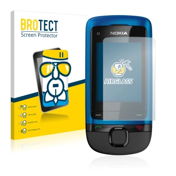 Front side of a product packaging with the brand logo BROTECT. Next to it is the device Nokia C2-05 shown with the correspondi