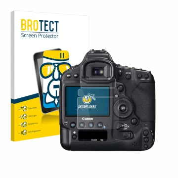 Front side of a product packaging with the brand logo BROTECT. Next to it is the device Canon EOS 1D X shown with the correspo