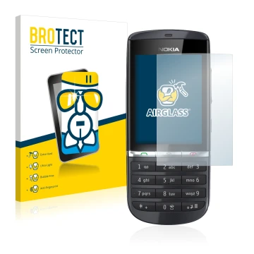 Front side of a product packaging with the brand logo BROTECT. Next to it is the device Nokia Asha 300 shown with the correspo