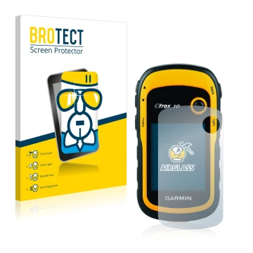 Front side of a product packaging with the brand logo BROTECT. Next to it is the device Garmin eTrex 10 shown with the corresp