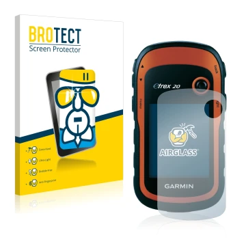 Front side of a product packaging with the brand logo BROTECT. Next to it is the device Garmin eTrex 20 shown with the corresp