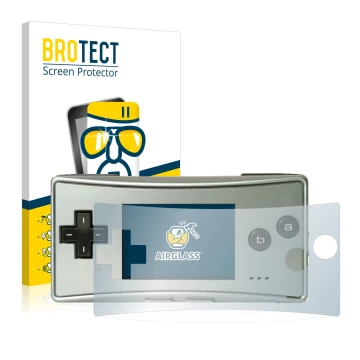 Front side of a product packaging with the brand logo BROTECT. Next to it is the device Nintendo Gameboy Micro shown with the 
