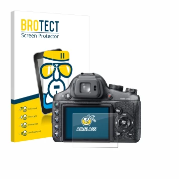 Front side of a product packaging with the brand logo BROTECT. Next to it is the device Fujifilm FinePix X-S1 shown with the c