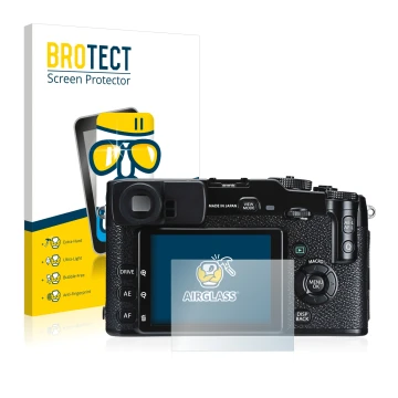 Front side of a product packaging with the brand logo BROTECT. Next to it is the device Fujifilm X-Pro1 shown with the corresp