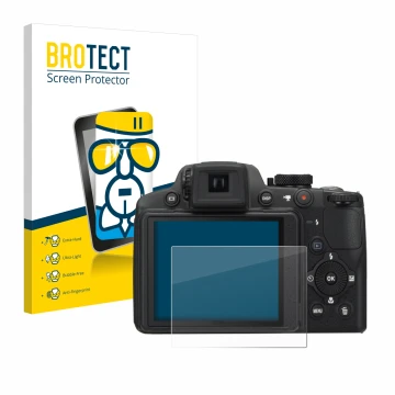 Front side of a product packaging with the brand logo BROTECT. Next to it is the device Nikon Coolpix P510 shown with the corr