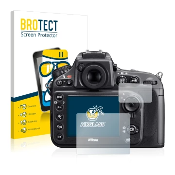 Front side of a product packaging with the brand logo BROTECT. Next to it is the device Nikon D800 shown with the correspondin