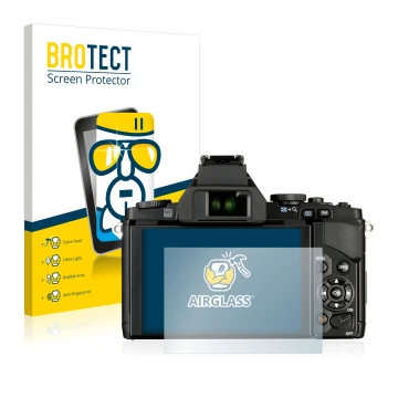 Front side of a product packaging with the brand logo BROTECT. Next to it is the device Olympus OM-D E-M5 shown with the corre