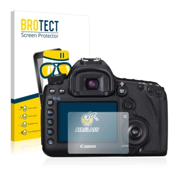 Front side of a product packaging with the brand logo BROTECT. Next to it is the device Canon EOS 5D Mark III shown with the c