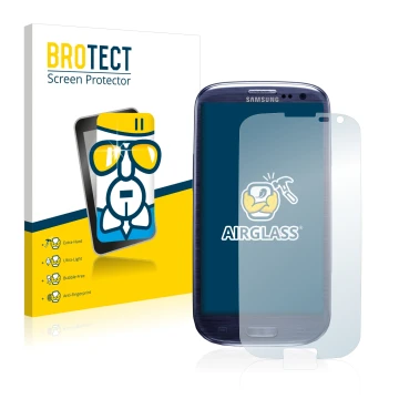 Front side of a product packaging with the brand logo BROTECT. Next to it is the device Samsung Galaxy S3 I9300 shown with the
