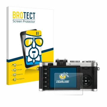 Front side of a product packaging with the brand logo BROTECT. Next to it is the device Leica X2 shown with the corresponding 