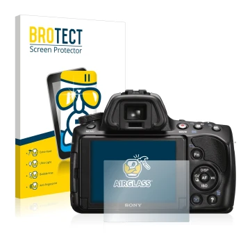 Front side of a product packaging with the brand logo BROTECT. Next to it is the device Sony Alpha 37 (SLT-A37) shown with the