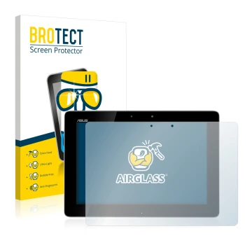 Front side of a product packaging with the brand logo BROTECT. Next to it is the device ASUS Transformer Pad TF300T shown with