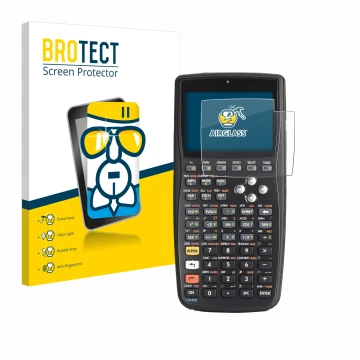 Front side of a product packaging with the brand logo BROTECT. Next to it is the device HP 50g F2229AA#UUZ shown with the corr