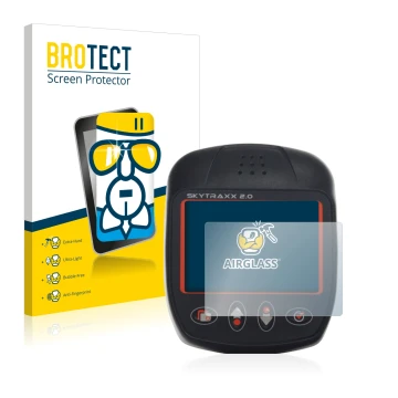 Front side of a product packaging with the brand logo BROTECT. Next to it is the device Skytraxx 2.0 Vario shown with the corr