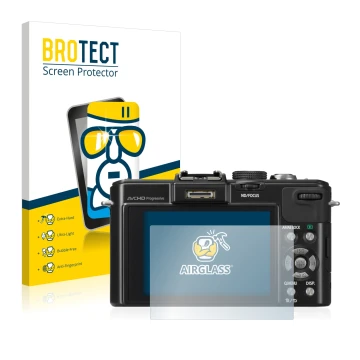 Front side of a product packaging with the brand logo BROTECT. Next to it is the device Panasonic Lumix DMC-LX7 shown with the
