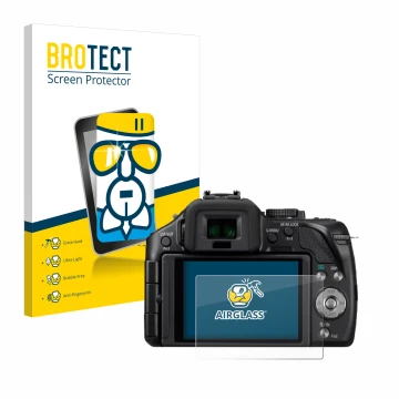 Front side of a product packaging with the brand logo BROTECT. Next to it is the device Panasonic Lumix DMC-G5 shown with the 