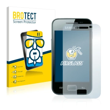 Front side of a product packaging with the brand logo BROTECT. Next to it is the device Samsung Galaxy Ace S5830i shown with t