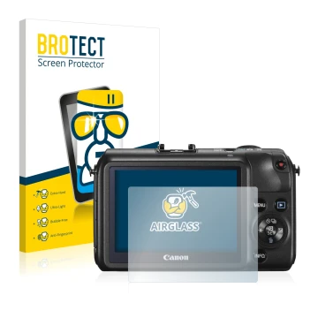 Front side of a product packaging with the brand logo BROTECT. Next to it is the device Canon EOS M shown with the correspondi