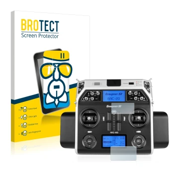 Front side of a product packaging with the brand logo BROTECT. Next to it is the device Graupner MC-20 HoTT shown with the cor