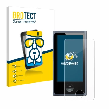 Front side of a product packaging with the brand logo BROTECT. Next to it is the device Apple iPod nano 2012 (7th Gen.) shown 