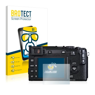 Front side of a product packaging with the brand logo BROTECT. Next to it is the device Fujifilm X-E1 shown with the correspon