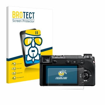 Front side of a product packaging with the brand logo BROTECT. Next to it is the device Sony Alpha NEX-6 shown with the corres