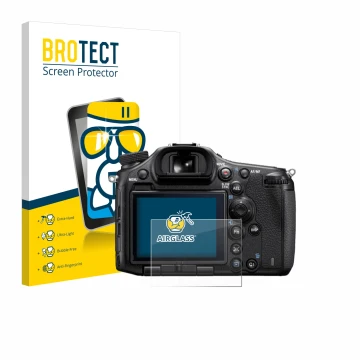 Front side of a product packaging with the brand logo BROTECT. Next to it is the device Sony Alpha 99 shown with the correspon