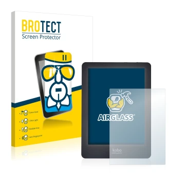 Front side of a product packaging with the brand logo BROTECT. Next to it is the device Kobo Glo shown with the corresponding 