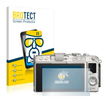 Front side of a product packaging with the brand logo BROTECT. Next to it is the device Olympus PEN Lite E-PL5 shown with the 