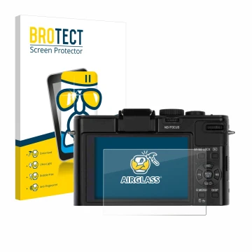 Front side of a product packaging with the brand logo BROTECT. Next to it is the device Leica D-Lux 6 shown with the correspon