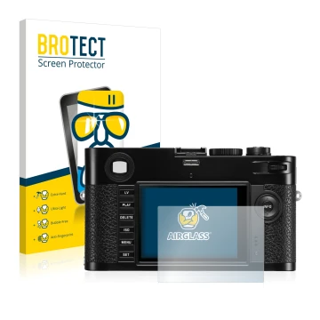 Front side of a product packaging with the brand logo BROTECT. Next to it is the device Leica M (Typ 240) shown with the corre