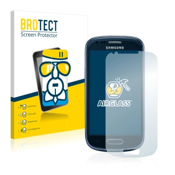 Front side of a product packaging with the brand logo BROTECT. Next to it is the device Samsung Galaxy S3 Mini I8190 shown wit