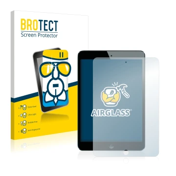 Front side of a product packaging with the brand logo BROTECT. Next to it is the device Apple iPad Mini 1 2012 shown with the 