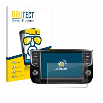 Front side of a product packaging with the brand logo BROTECT. Next to it is the device Volkswagen Passat 2015 Discover Pro 8