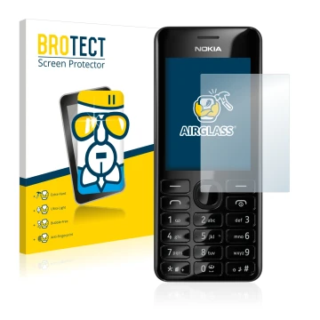 Front side of a product packaging with the brand logo BROTECT. Next to it is the device Nokia 206 Dual SIM shown with the corr