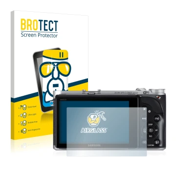 Front side of a product packaging with the brand logo BROTECT. Next to it is the device Samsung NX300 shown with the correspon