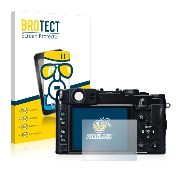 Front side of a product packaging with the brand logo BROTECT. Next to it is the device Fujifilm X20 shown with the correspond