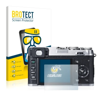 Front side of a product packaging with the brand logo BROTECT. Next to it is the device Fujifilm X100S shown with the correspo