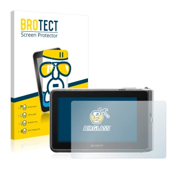 Front side of a product packaging with the brand logo BROTECT. Next to it is the device Sony Cyber-Shot DSC-TX30 shown with th