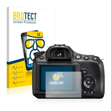 Front side of a product packaging with the brand logo BROTECT. Next to it is the device Sony Alpha 58 (SLT-A58) shown with the