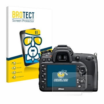Front side of a product packaging with the brand logo BROTECT. Next to it is the device Nikon D7100 shown with the correspondi
