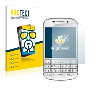 Front side of a product packaging with the brand logo BROTECT. Next to it is the device BlackBerry Q10 shown with the correspo
