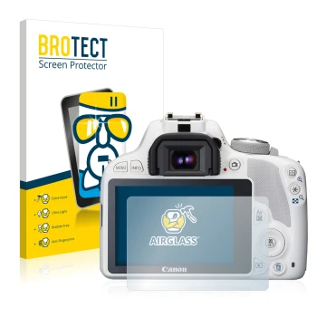 Front side of a product packaging with the brand logo BROTECT. Next to it is the device Canon EOS 100D shown with the correspo