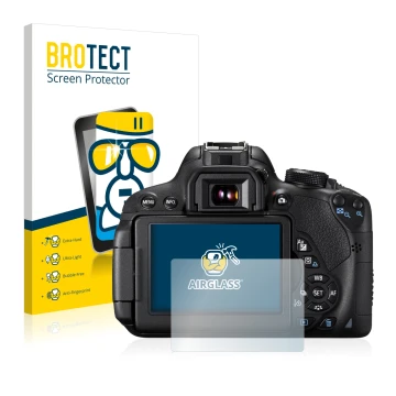 Front side of a product packaging with the brand logo BROTECT. Next to it is the device Canon EOS 700D shown with the correspo