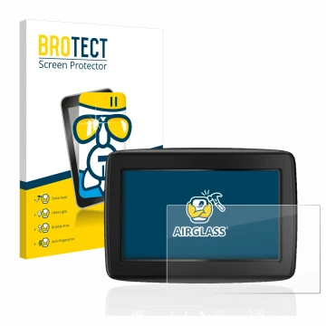 Front side of a product packaging with the brand logo BROTECT. Next to it is the device TomTom Start 20 M Europe Traffic shown
