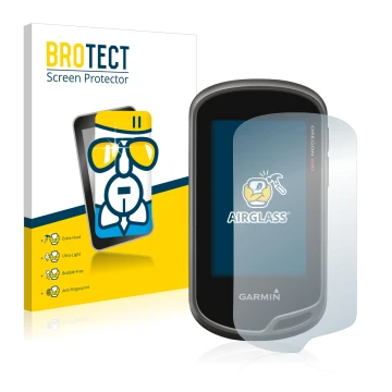 Front side of a product packaging with the brand logo BROTECT. Next to it is the device Garmin Oregon 650 shown with the corre