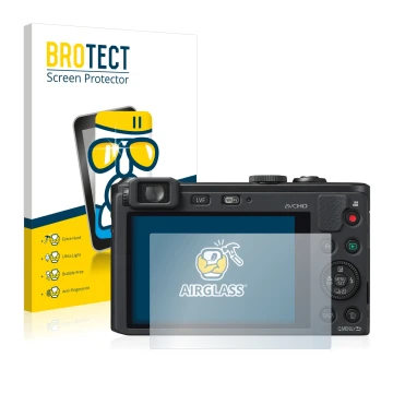Front side of a product packaging with the brand logo BROTECT. Next to it is the device Panasonic Lumix DMC-LF1 shown with the